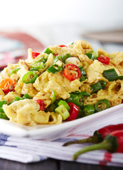 Delicious Chinese food, fried eggs with chili
