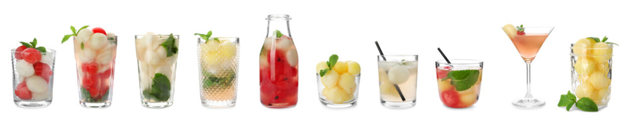 Set of cocktails with melon and watermelon balls on white background