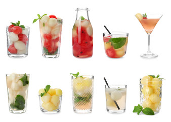 Set of cocktails with melon and watermelon balls on white background