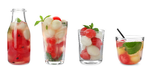 Set of cocktails with melon and watermelon balls on white background