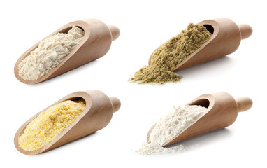 Set of organic flour in wooden scoops on white background