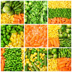 Set of different organic frozen vegetables, top view
