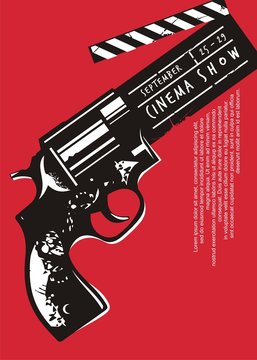 Creative movie event poster with gun graphic and clapper board. Cinema flyer design on red background. Film industry theme.