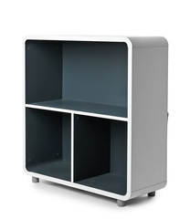 Stylish shelving unit with empty compartments on white background. Furniture for wardrobe room