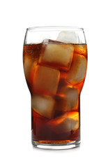 Glass of refreshing cola with ice on white background