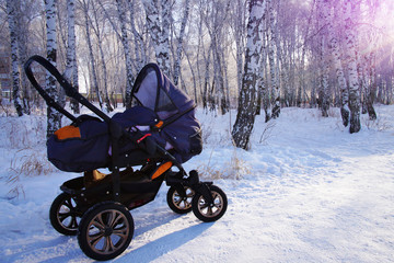  baby carriage on the background of snowy birch forest