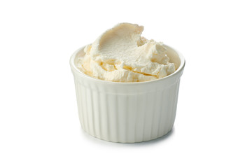 Fresh cream cheese in  bowl on white