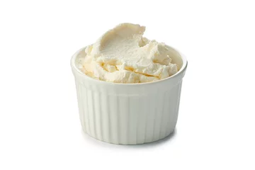 Küchenrückwand glas motiv Fresh cream cheese in  bowl on white © robertsre