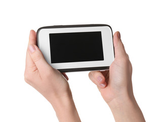 Woman holding modern monitor on white background, closeup, space for text. CCTV equipment