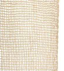 Knitting pattern of linen thread isolated on white background. Handmade linen flax lace material.