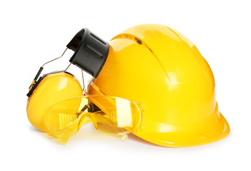 Protective workwear on white background. Safety equipment