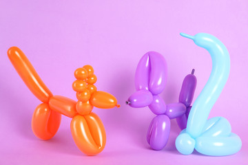Fototapeta premium Figurki zwierząt wykonane z modelowania balonów na kolorowym tle