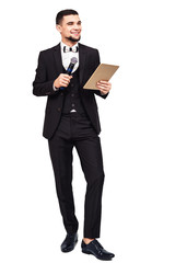 stylish elegant man in a black suit with a microphone and a tablet in his hands