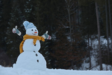 Fototapeta premium Adorable smiling snowman outdoors on winter day. Space for text
