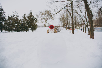 Little girl in winter warm clothes and hat covering face, hiding behind snowball in snowy park or forest outdoors. Winter fun, leisure on holidays. Love relationship family people lifestyle concept.