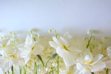 beautiful tender floral composition. Flowers lilies of the valley and daffodils on a white background. spring freshness