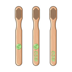 A set of three bamboo toothbrushes with different emblems on the handle. Isolated vector illustration on white background
