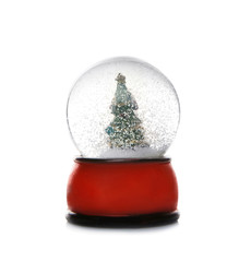 Beautiful snow globe with Christmas tree inside on white background