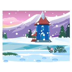 Small lonely house with snowy mountains. Sketch for Christmas and New year greeting card, festive poster or party invitations. Vector illustration.