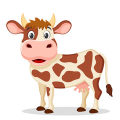 Cow stands and smiles on a white. Character farm