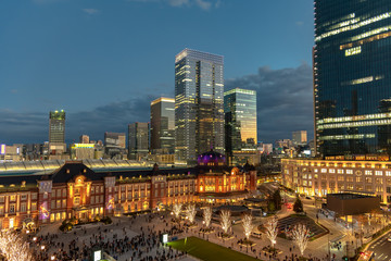 View of Tokyo station building during winter illumination