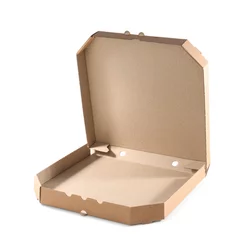 Photo sur Plexiglas Pizzeria Open cardboard pizza box on white background. Food delivery