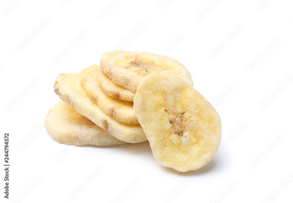 Wall mural sweet banana slices on white background. dried fruit as healthy snack