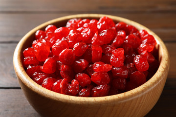 Bowl of sweet cherries on table, closeup. Dried fruit as healthy snack