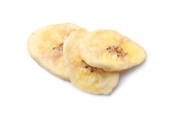 Sweet banana slices on white background. Dried fruit as healthy snack
