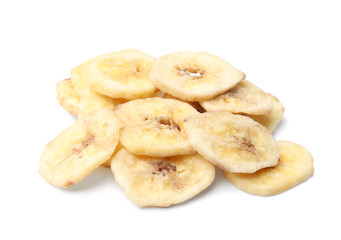 Heap of sweet banana slices on white background. Dried fruit as healthy snack