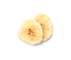 Sweet banana slices on white background. Dried fruit as healthy snack