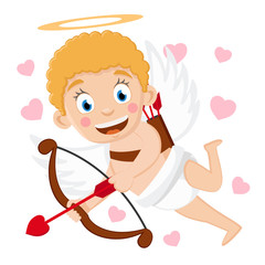 Cupid flies with a bow and arrows and smiles on a white.