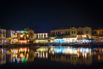 Greece, Crete Rethymno, old venetian harbor at the night.