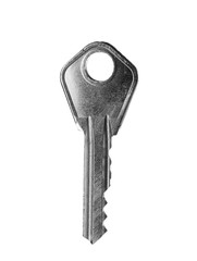 One modern steel key on white background