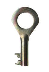 One metal modern key on white background