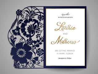 Wedding invitation or greeting card with floral ornament. Wedding invitation envelope for laser cutting. Vector illustration 