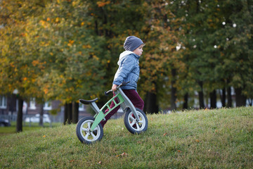 A small child carries a running bike in the autumn park.