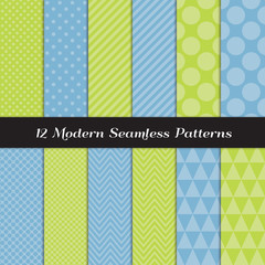 Tone on Tone Lime Green and Baby Blue Vector Patterns in Polka Dots, Chevron, Stripes and Geometric Triangle. Embossed Brocade Fabric Effect. Repeating Pattern Tile Swatches Included.