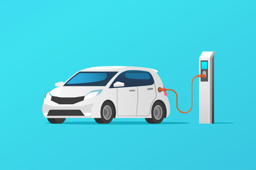 Electric car charging at the charger station. Vector illustration.