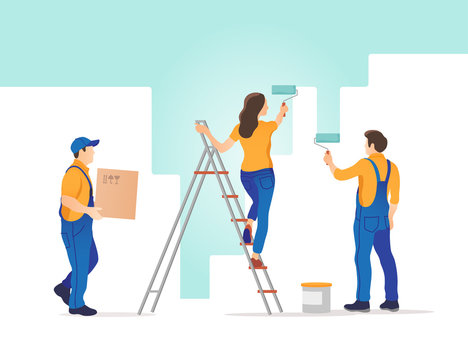 Home Repair. Man And Woman Painting The Wall In New Home. Vector Illustration.