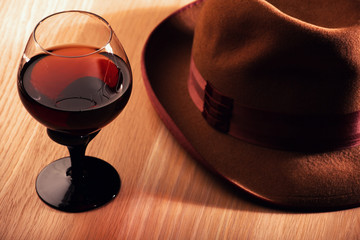 glass cognac wooden table 