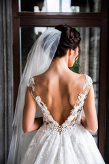 Beautiful bride in a chik wedding dress with a naked shoulders