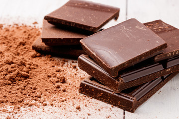 dark chocolate and cocoa powder on a white table