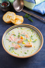 Salmon soup. Creamy hearty salmon fish soup. Clean eating, healthy and diet food concept