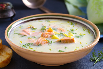Salmon soup. Creamy hearty salmon fish soup. Clean eating, healthy and diet food concept
