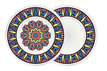 Decorative plate with mandala ornament in ethnic style. Fashion background with ornate dish. Vector illustration