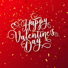 Valentines Day Love Oblique Lettering With Golden Confetti. February 14 Handwritten Romantic Greeting Card Text. Vector Illustration.