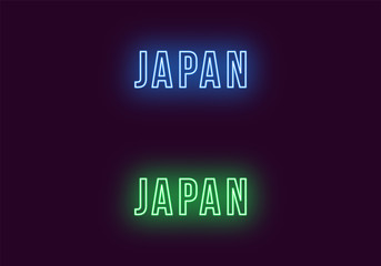 Neon name of Japan country. Vector text