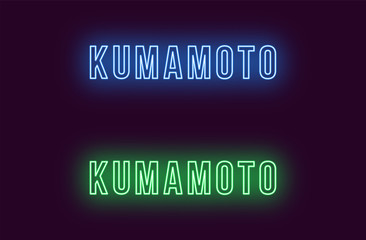 Neon name of Kumamoto city in Japan. Vector text