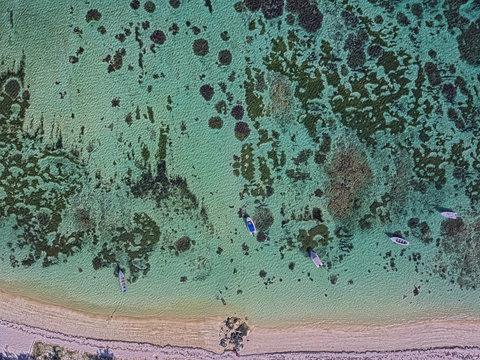 Aerial view of 'Poste Lafayette' beach lagoon located in the north-east of Mauritius island